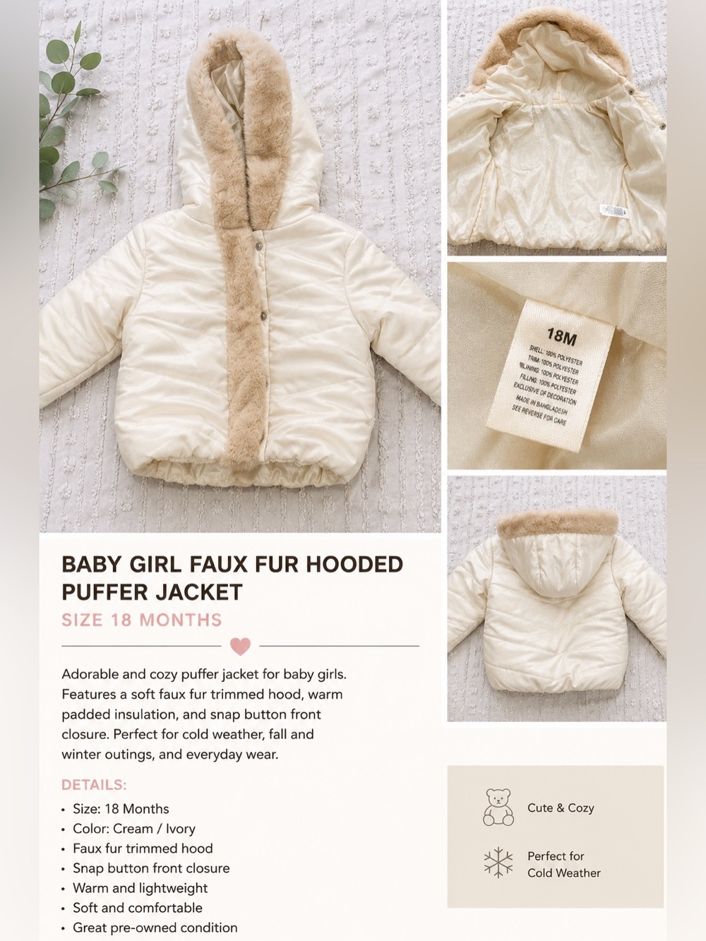 Tahari Baby Girls Faux Fur Hooded Puffer Jacket Cream Ivory 18 Months